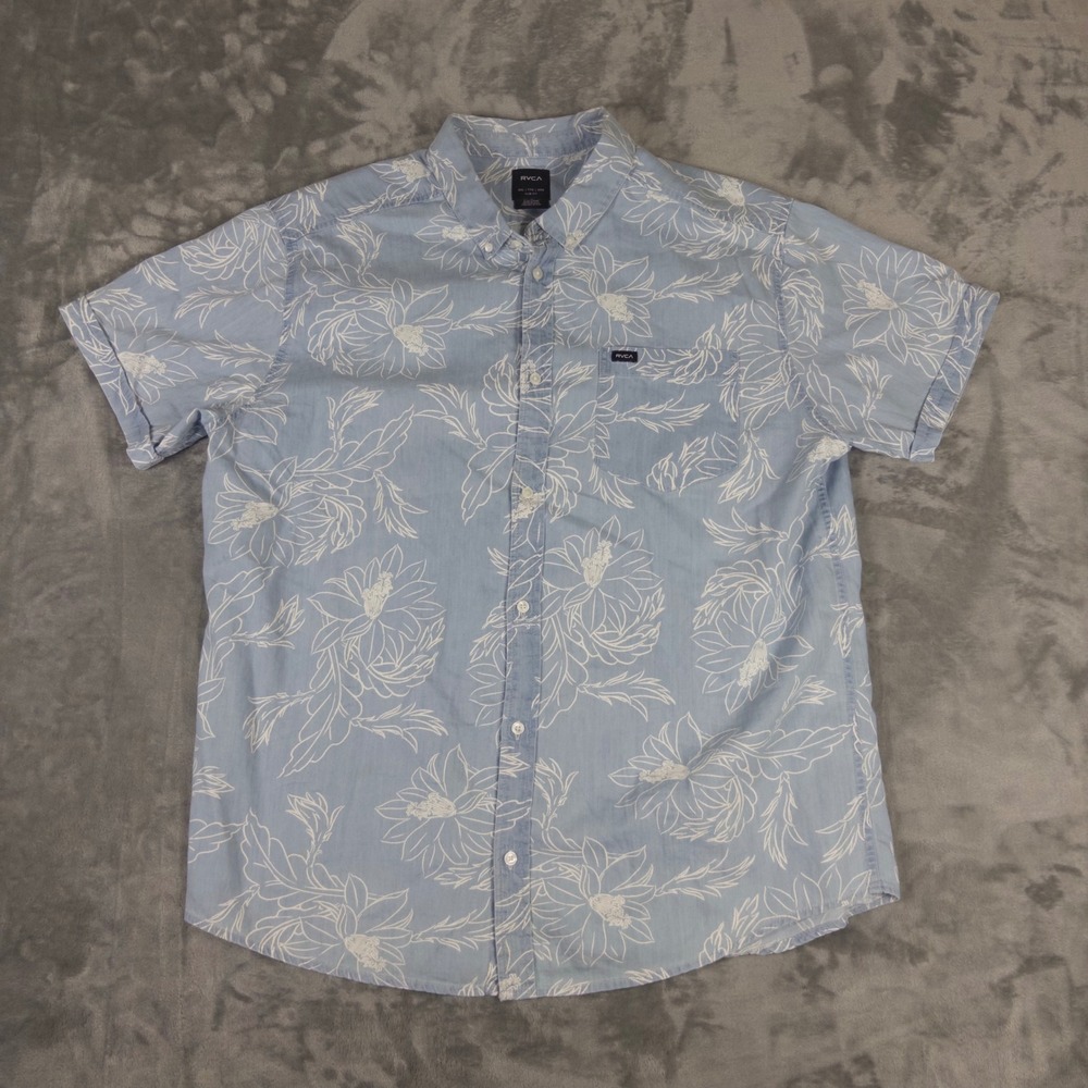 RVCA Button Up Shirt Mens XXL Blue Floral Slim Fit Short Sleeve Tropical Casual